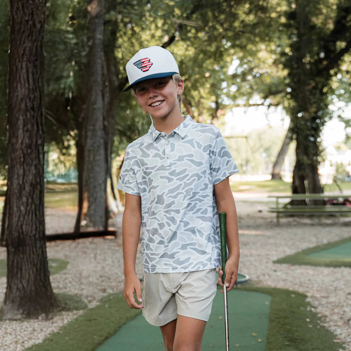 Youth White Camo Performance Polo