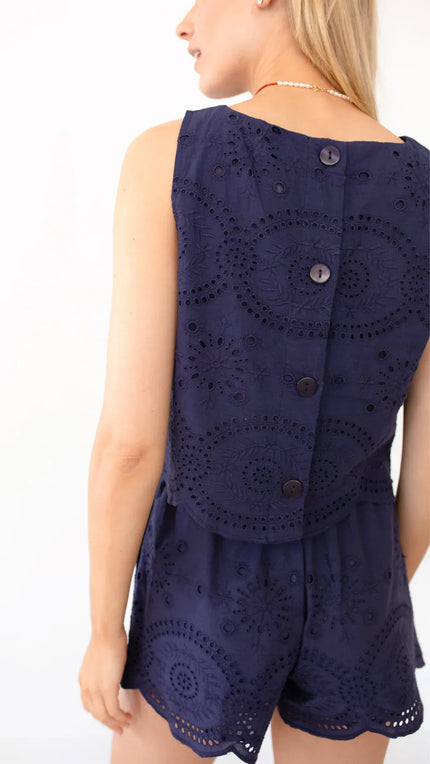 Laura Shorts-Navy Demi Eyelet