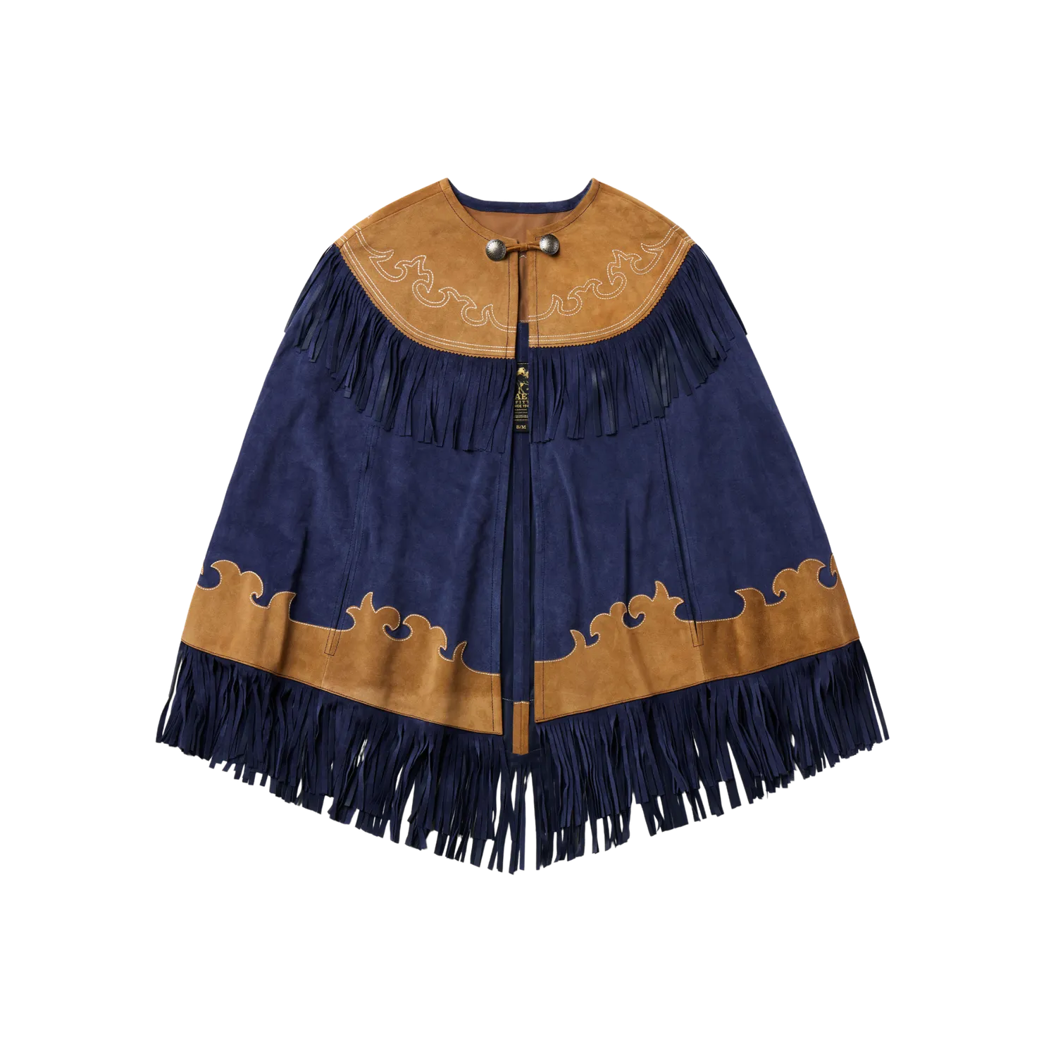 Navy blue and brown fringed jacket on a white background