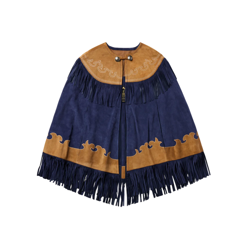 Navy blue and brown fringed jacket on a white background